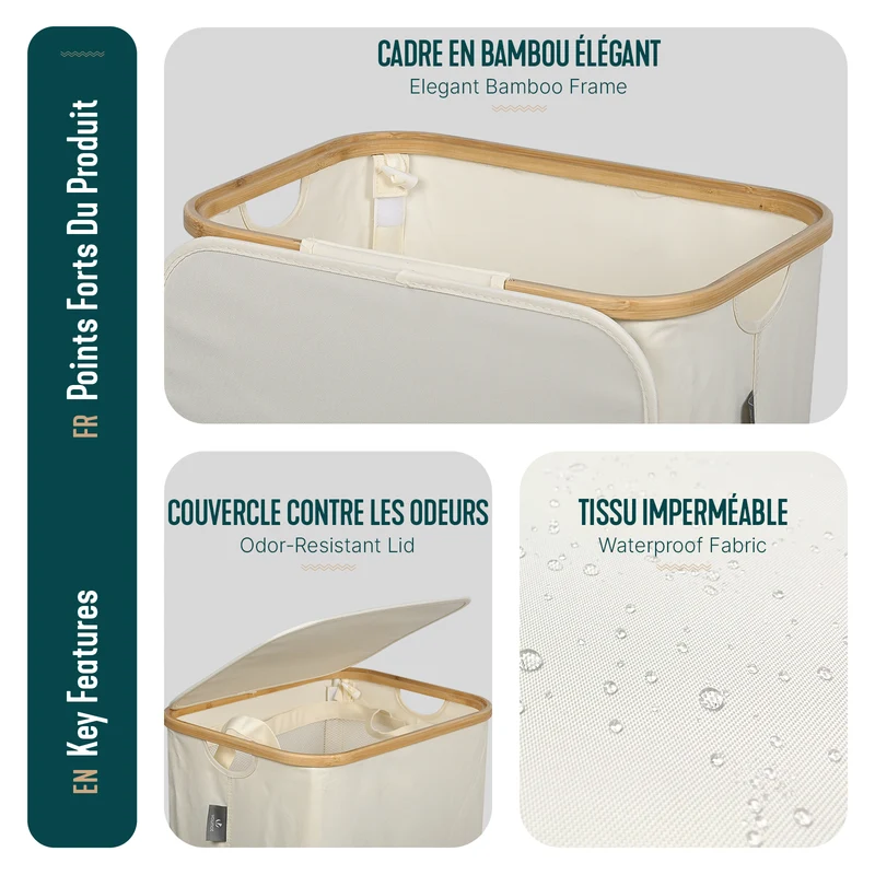 Wäschekorb mit Deckel & Wäschesäcke Faltbarer Wäschesammler, 100L Beige