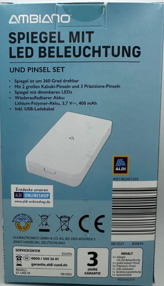 AMBIANO Faltbarer Kosmetikspiegel Pinsel Set mit LED Beleuchtung, aufladbar, Neu