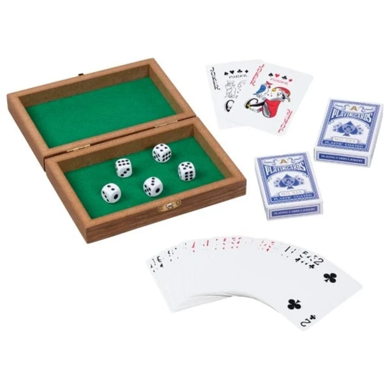 Goki Spielkartenbox aus Holz mit 2 Kartendecks & 5 Würfeln – ab 7 Jahren