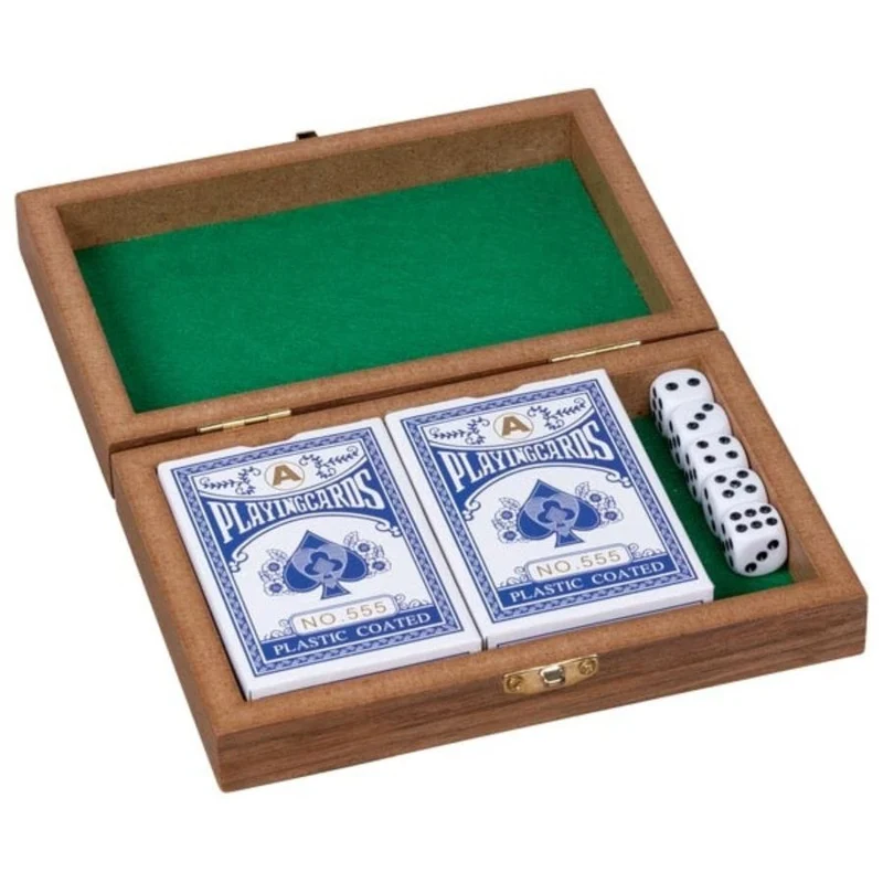 Goki Spielkartenbox aus Holz mit 2 Kartendecks & 5 Würfeln – ab 7 Jahren