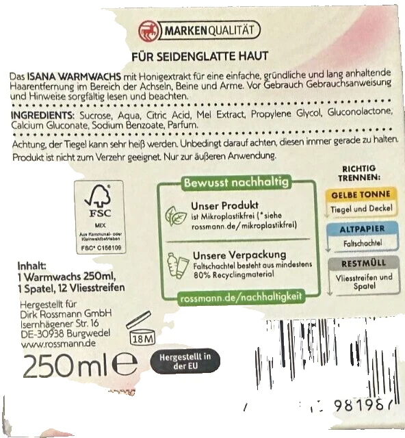 ISANA Warmwachs, mit Honigextrakt auf Zuckerbasis, neu&ovp