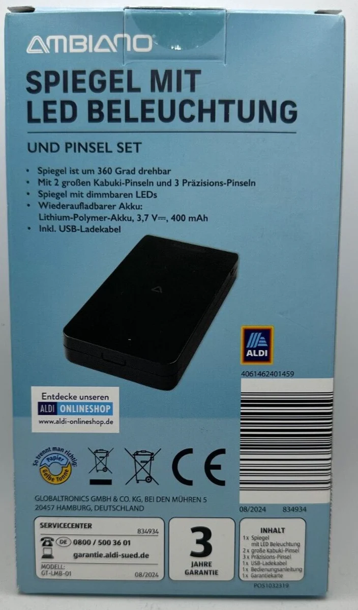 AMBIANO Faltbarer Kosmetikspiegel Pinsel Set mit LED Beleuchtung, aufladbar, Neu