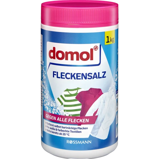 domol Fleckensalz, entfernt zuverlässig alle Flecken wie z. B. Kaffee-, Rotwein-, Fett-, Eiweiß- und Stärkeflecken - Schont Farben & Gewebe Frischt die Leuchtkraft der Farben 1kg, neu&ovp