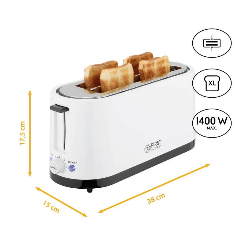 Toaster 4 Scheiben, 2 Langschlitze, mit Brötchenaufsatz