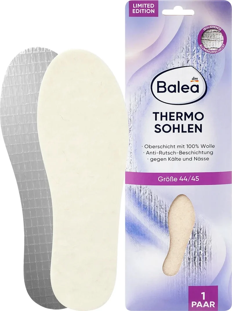 Balea Einlegesohlen Thermo Gr. 44/45 (1 Paar), 100% Wolle, Ali-ISO-Schicht, neu