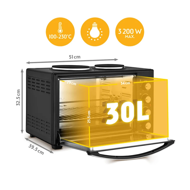 Mini-Backofen 30L, mit Kochplatten, Umluft