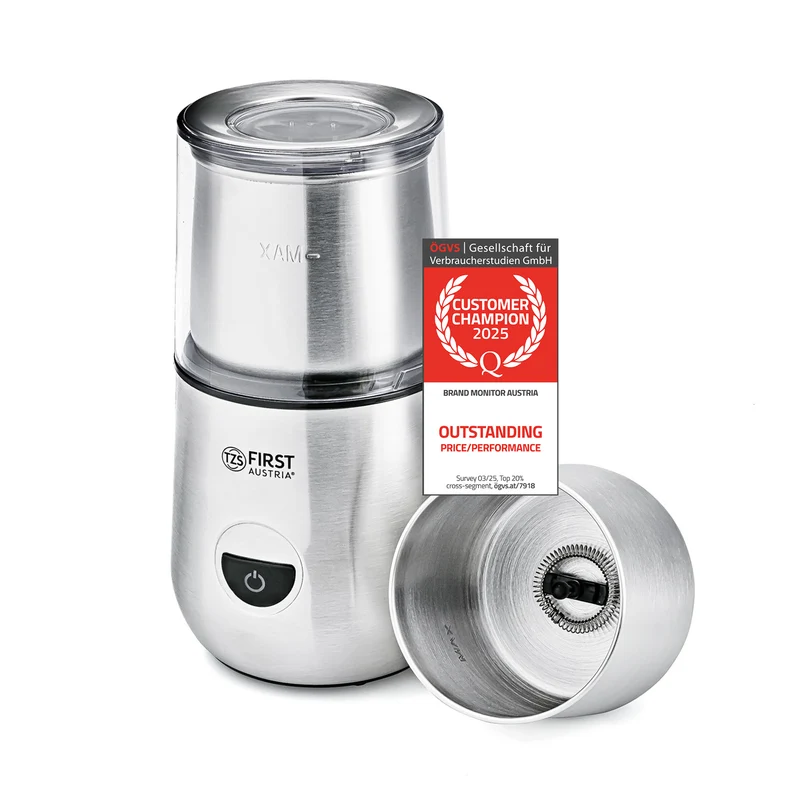 Kaffeemühle mit Milchaufschäumer 50g, 2-in-1, Edelstahlbehälter