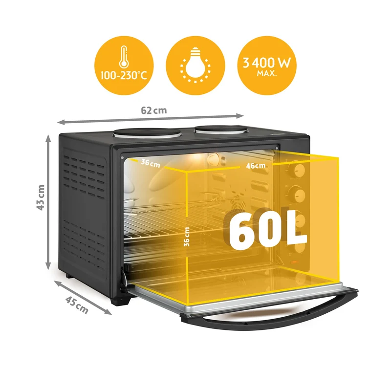 Mini-Backofen 60L, mit Kochplatten, Drehspieß