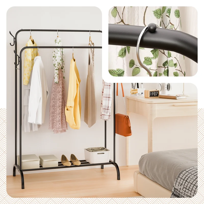 Metall Doppelt Kleiderständer mit Schuhregal und 4 Haken 108x58x146cm Schwarz