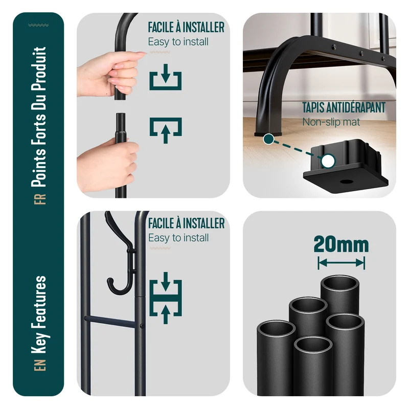 Metall Doppelt Kleiderständer mit Schuhregal und 4 Haken 108x58x146cm Schwarz