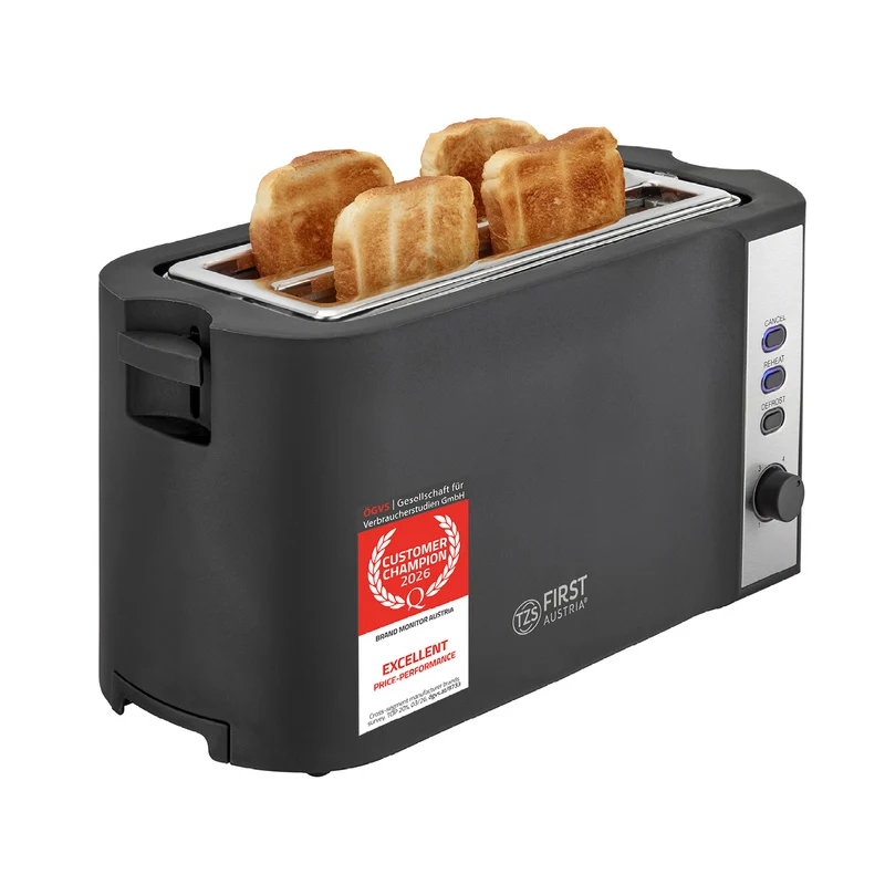 Toaster 4 Scheiben, 2 Langschlitze, mit Brötchenaufsatz