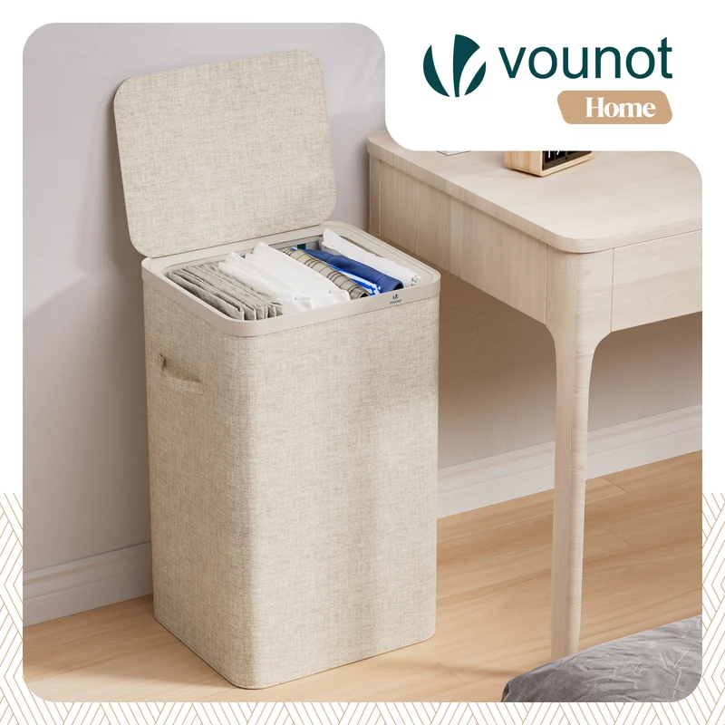 Wäschekorb 90L, Wäschesammler mit Deckel Beige