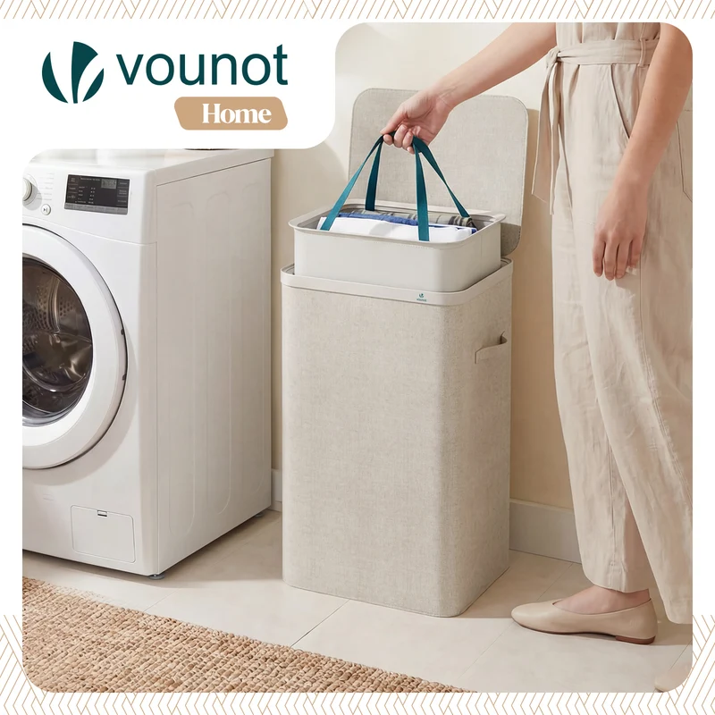 Wäschekorb 90L, Wäschesammler mit Deckel Beige