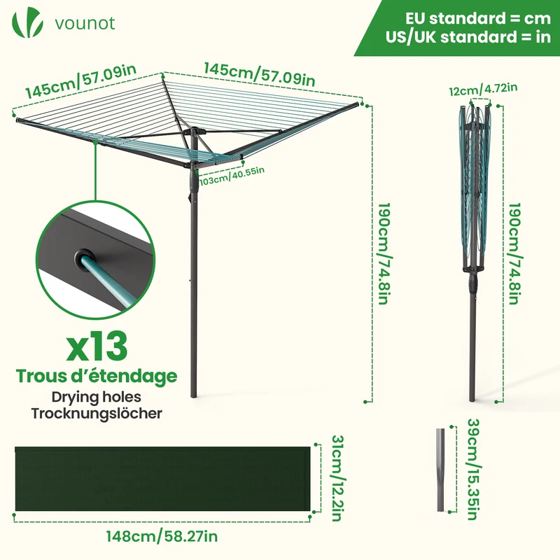Draußen Wäschespinne mit 50m Wäscheleine inkl. Bodenhülse und Schutzhülle, Grau-Blau