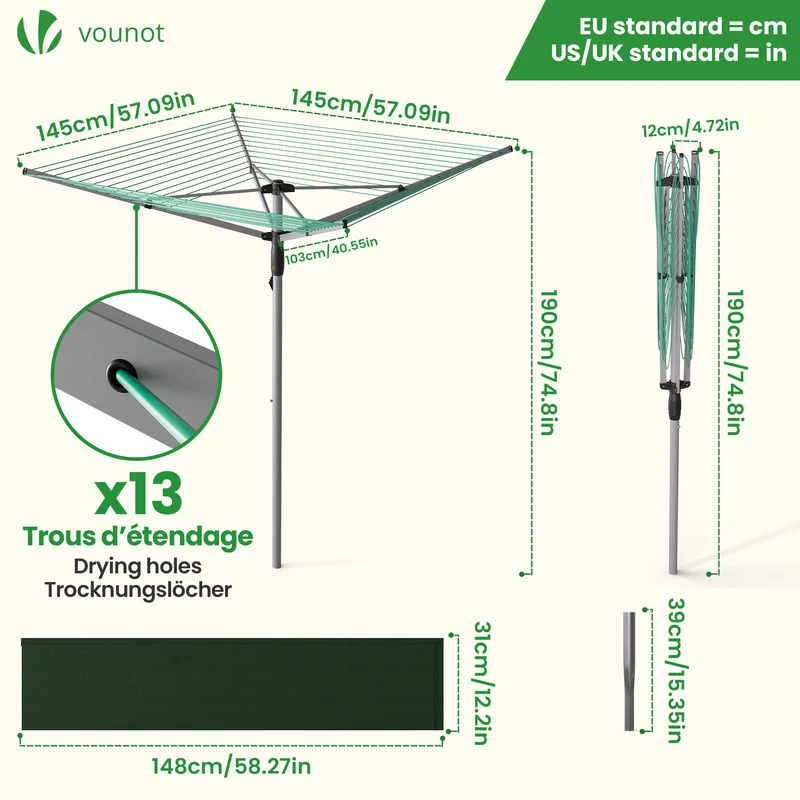 Draußen Wäschespinne mit 50m Wäscheleine inkl. Bodenhülse und Schutzhülle, Silber-Grün