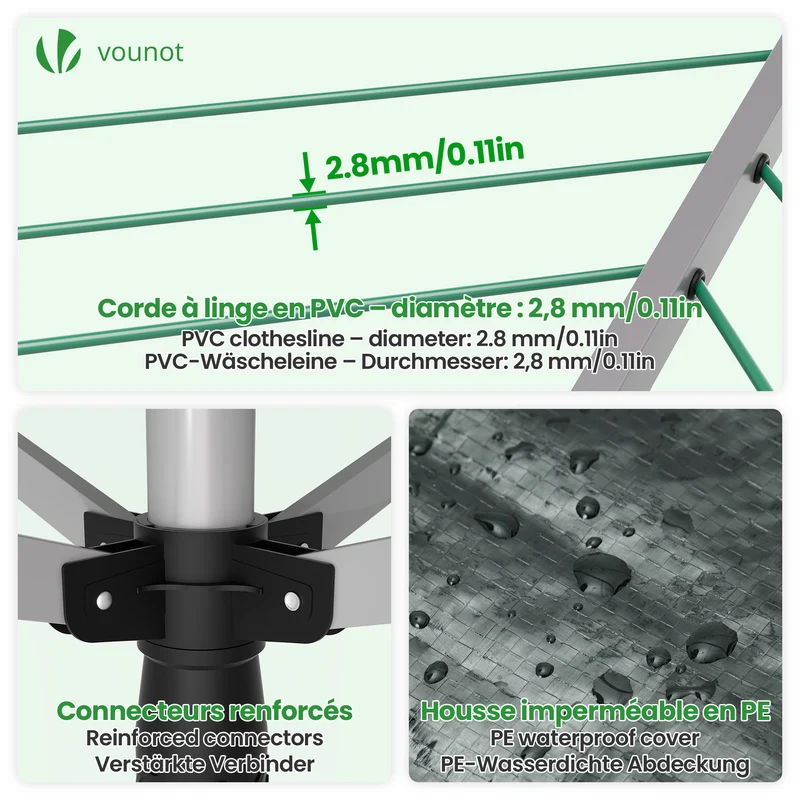Draußen Wäschespinne mit 50m Wäscheleine inkl. Bodenhülse und Schutzhülle, Silber-Grün