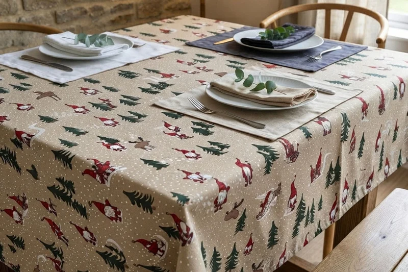 Weihnachtstischdecke, Tischläufer mit Weihnachts- und Wichtelmotiven