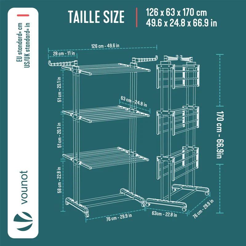 4 Ebenen Wäscheständer Turm mit Rollen 126x63x170 cm Grau