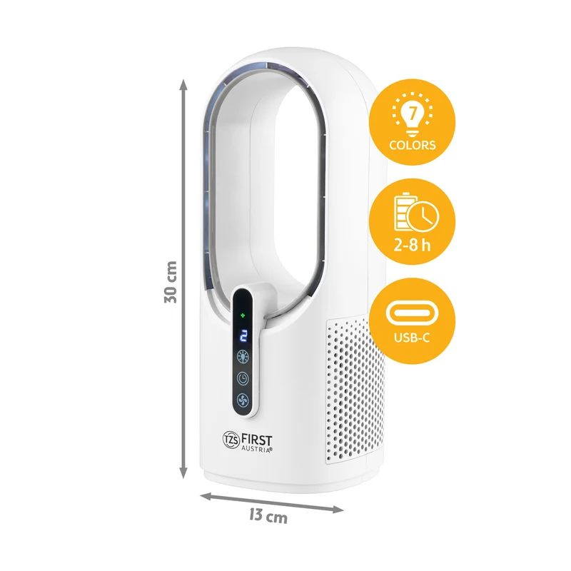 Tischventilator kabellos, blattlos, 7-Farben-Licht, USB-C