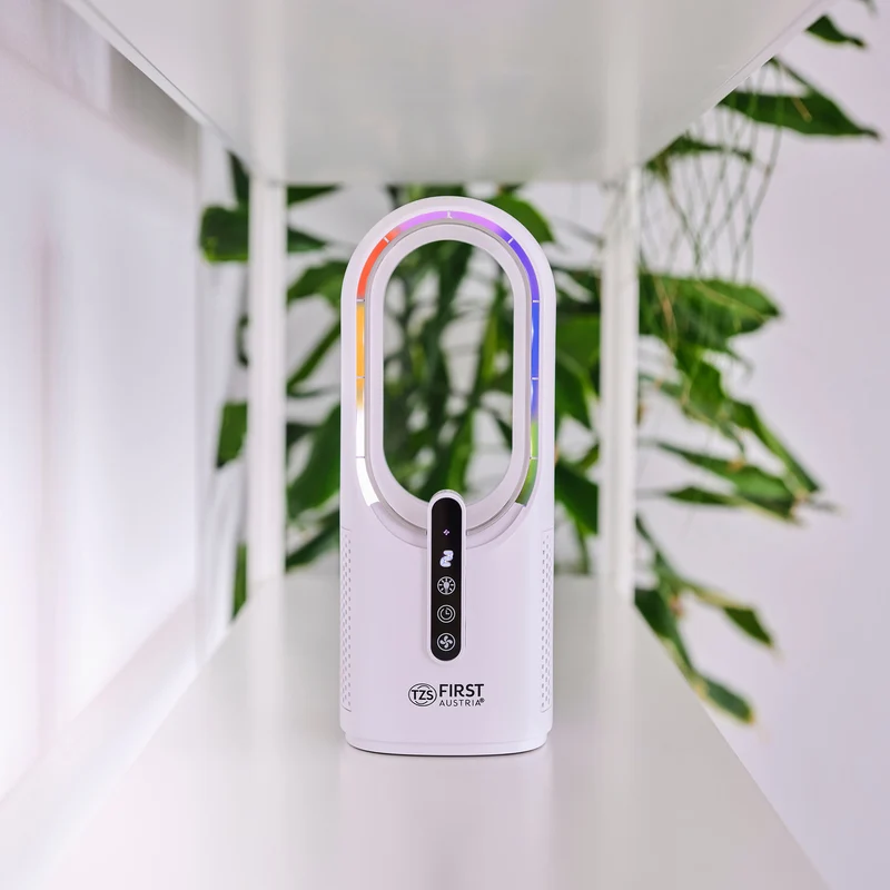 Tischventilator kabellos, blattlos, 7-Farben-Licht, USB-C