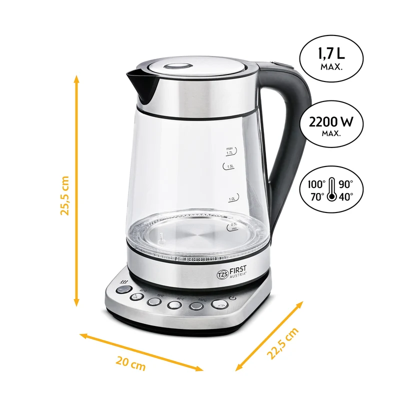 Wasserkocher 1,7 L Glas, 4 Temperaturstufen, Warmhaltefunktion
