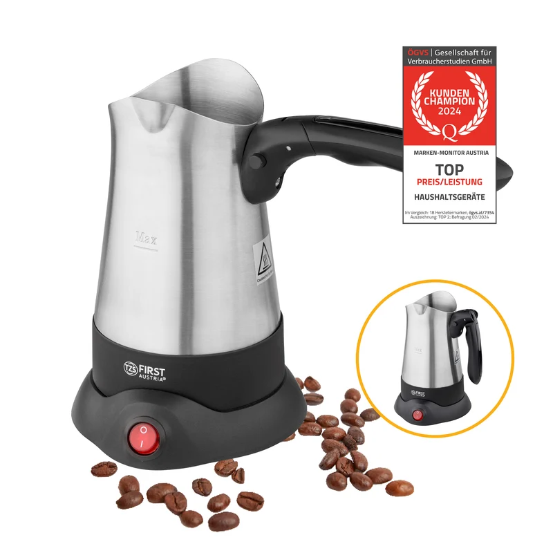 Kaffeekocher Edelstahl, 800 W, 360°-Sockel