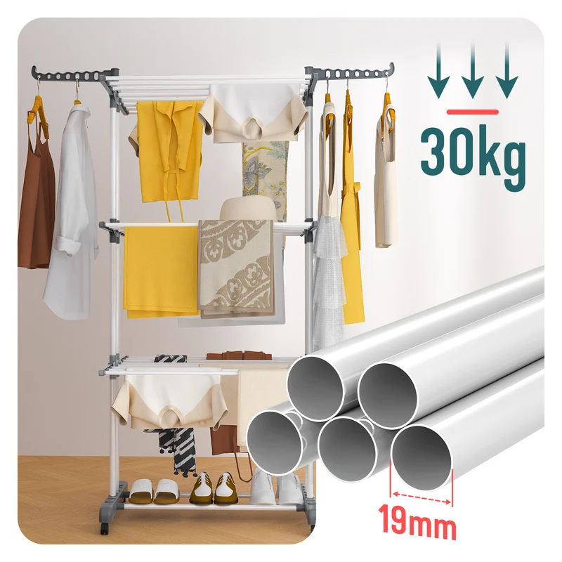 4 Ebenen Wäscheständer Turm mit Rollen 126x63x170 cm Grau-Weiß