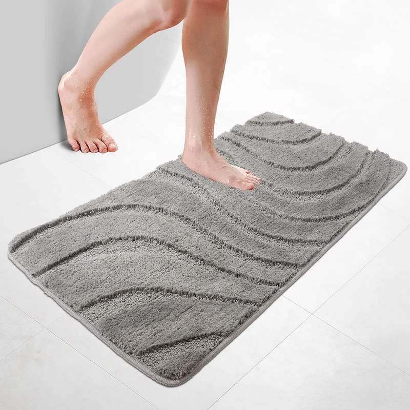 Badematte Rutschfeste, Mikrofaser Badezimmerteppich Wellenmuster 60x110cm Grau