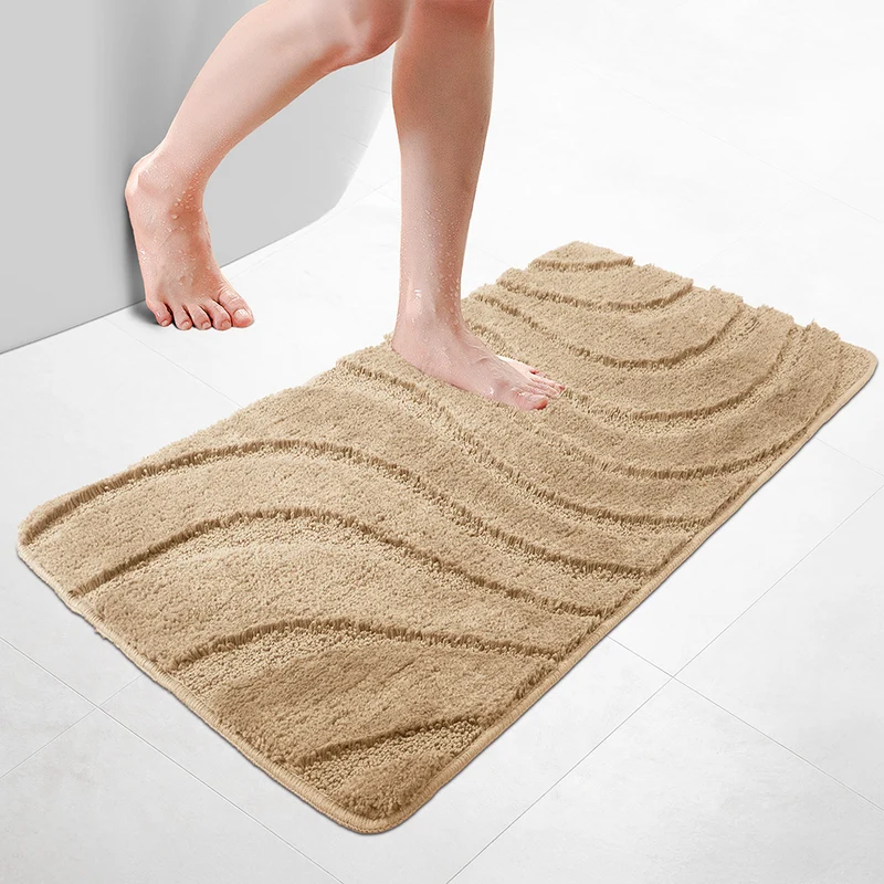 Badematte Rutschfeste, Mikrofaser Badezimmerteppich Wellenmuster 60x110cm Beige