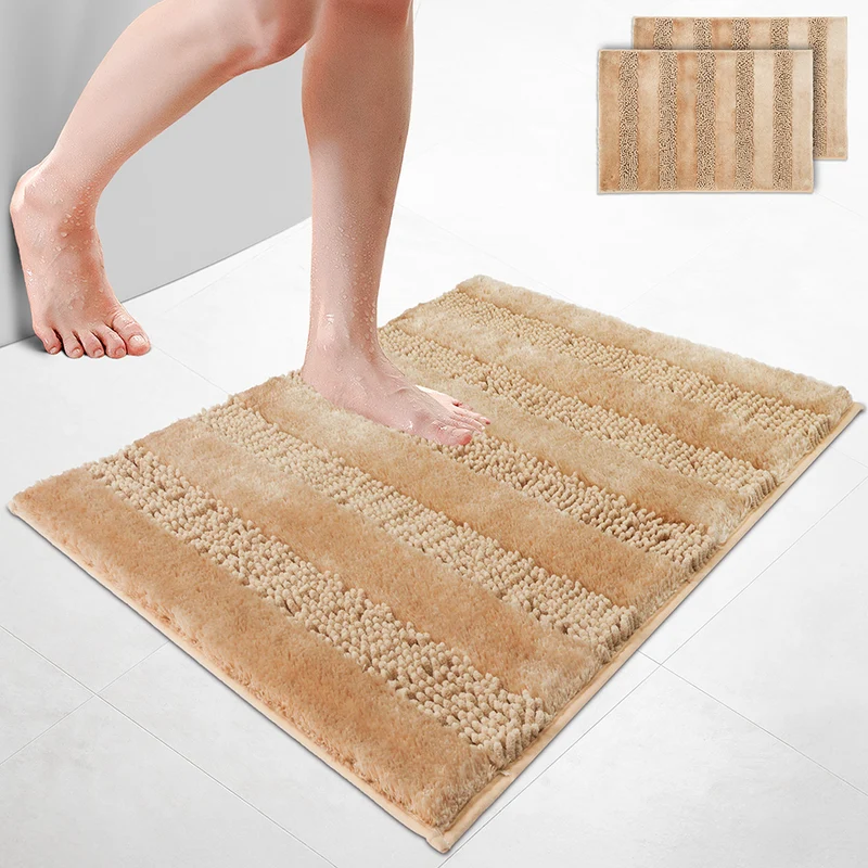 2er-Set Chenille Badematte Rutschfeste, Mikrofaser Badezimmerteppich 60x90cm Beige