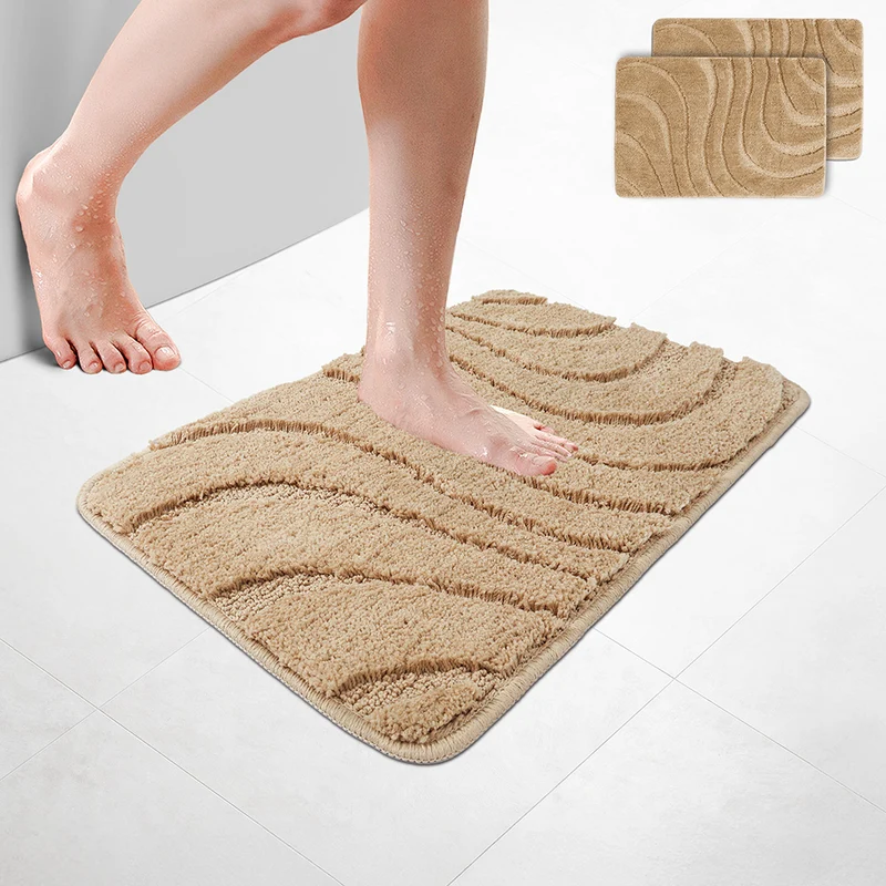 2er-Set Badematte Rutschfeste, Mikrofaser Badezimmerteppich Wellenmuster 40x60cm Beige