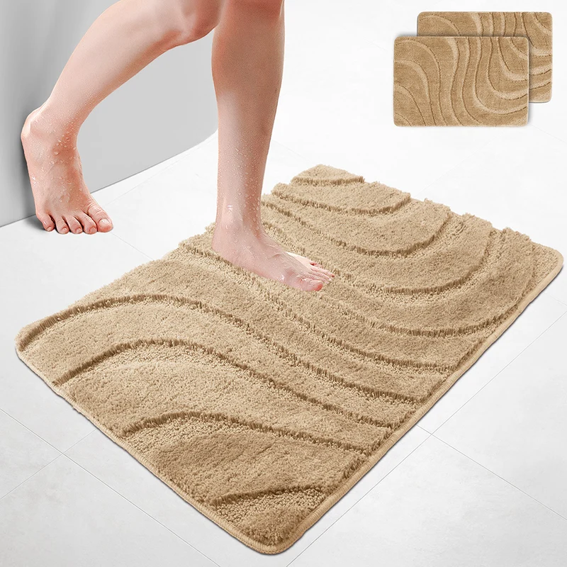 2er-Set Badematte Rutschfeste, Mikrofaser Badezimmerteppich Wellenmuster 60x90cm Beige