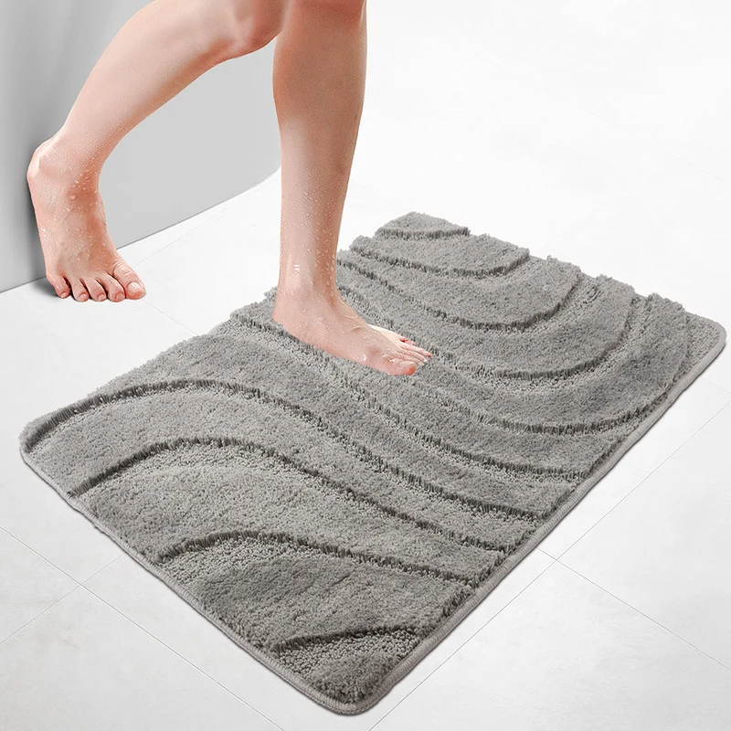 Badematte Rutschfeste, Mikrofaser Badezimmerteppich Wellenmuster 60x90cm Grau