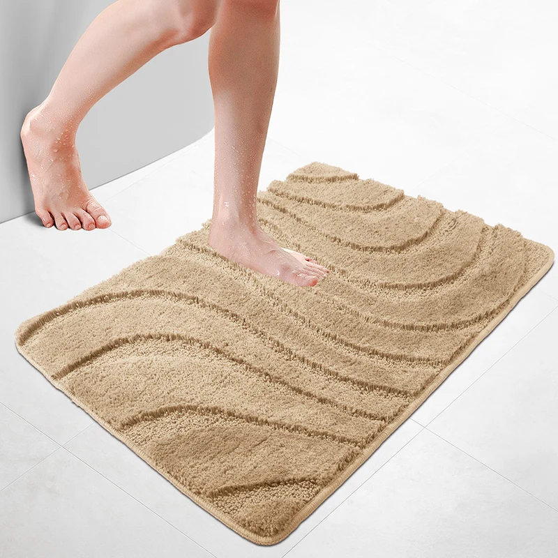 Badematte Rutschfeste, Mikrofaser Badezimmerteppich Wellenmuster 60x90cm Beige