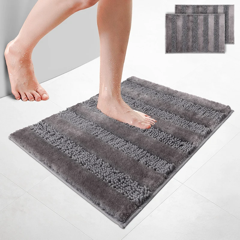 2er-Set Chenille Badematte Rutschfeste, Mikrofaser Badezimmerteppich 50x80cm Grau