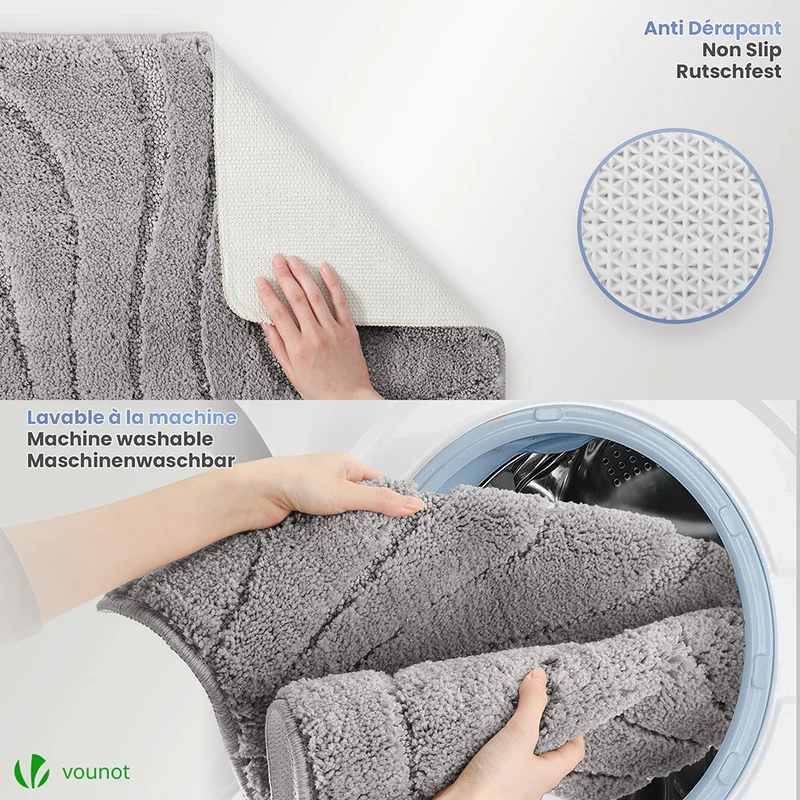 2er-Set Badematte Rutschfeste, Mikrofaser Badezimmerteppich Wellenmuster 50x80cm Grau