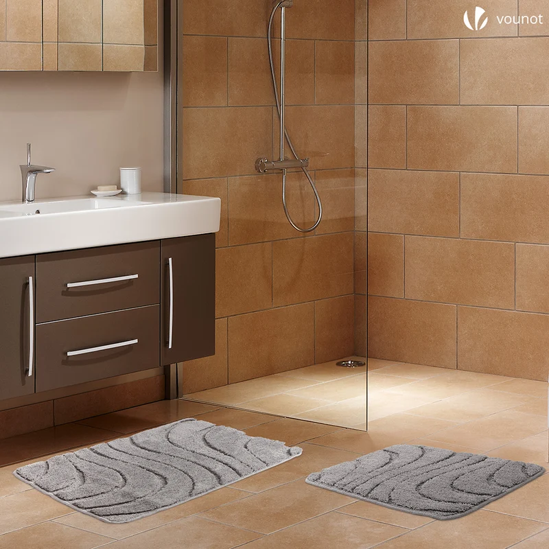 2er-Set Badematte Rutschfeste, Mikrofaser Badezimmerteppich Wellenmuster 50x80cm Grau