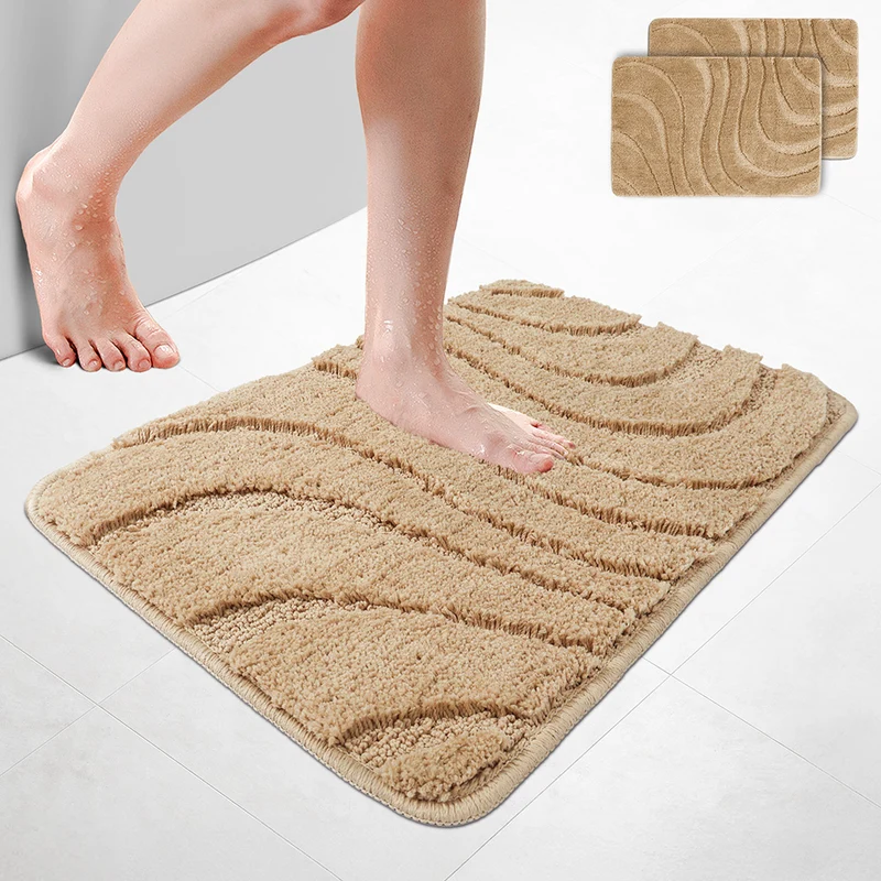 2er-Set Badematte Rutschfeste, Mikrofaser Badezimmerteppich Wellenmuster 50x80cm Beige