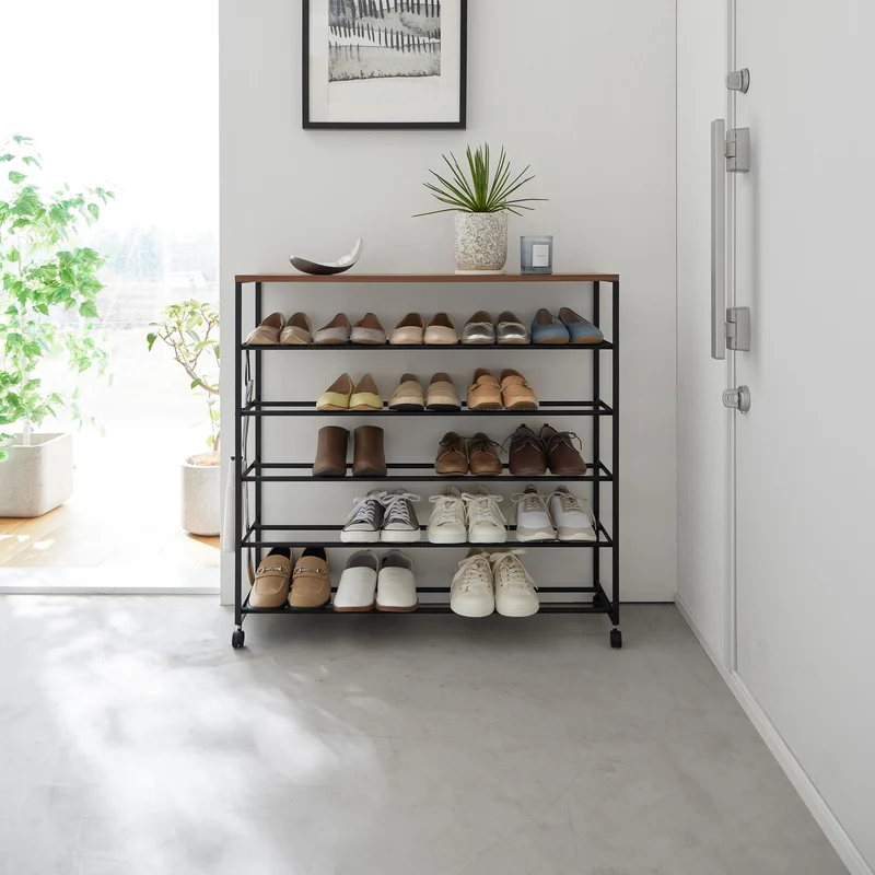 5-Tiered Wood-Top Shoe Rack with Casters