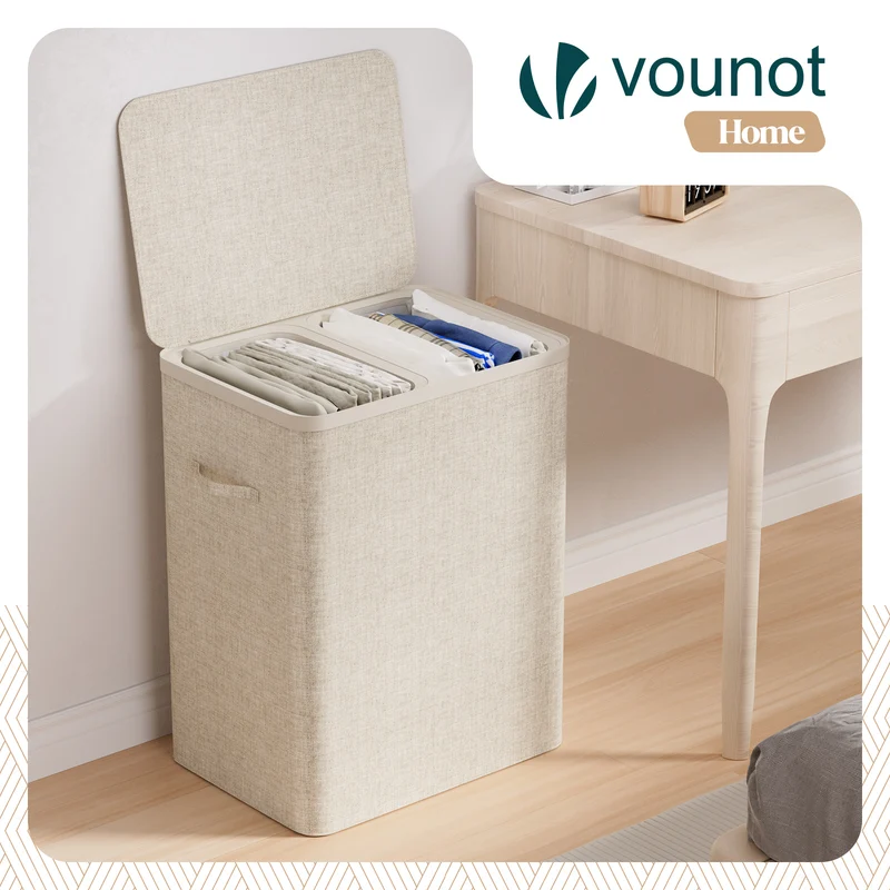 Wäschekorb 2 Fächer 150L, Wäschesammler mit Deckel Beige