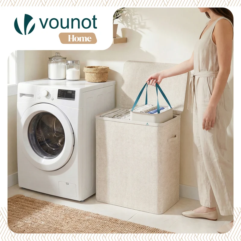 Wäschekorb 2 Fächer 150L, Wäschesammler mit Deckel Beige