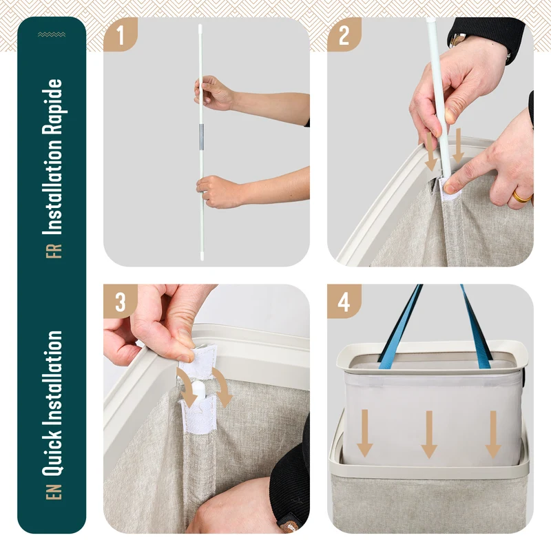 Wäschekorb 2 Fächer 150L, Wäschesammler mit Deckel Beige