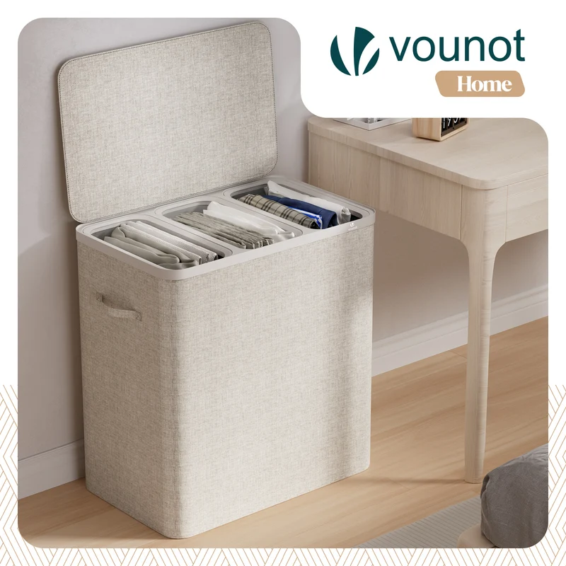 Wäschekorb 3 Fächer 170L, Wäschesammler mit Deckel Beige