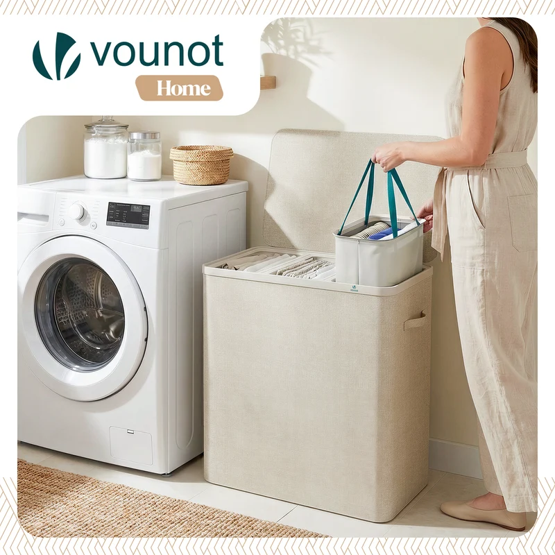 Wäschekorb 3 Fächer 170L, Wäschesammler mit Deckel Beige