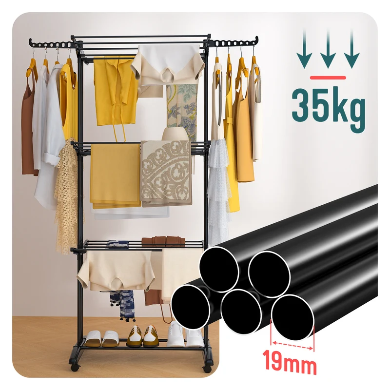 4 Ebenen Wäscheständer Turm mit Rollen 125x62x173 cm Schwarz