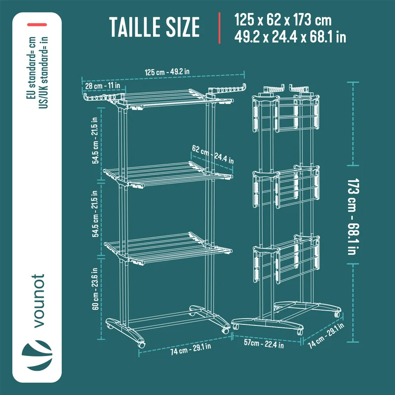 4 Ebenen Wäscheständer Turm mit Rollen 125x62x173 cm Grau