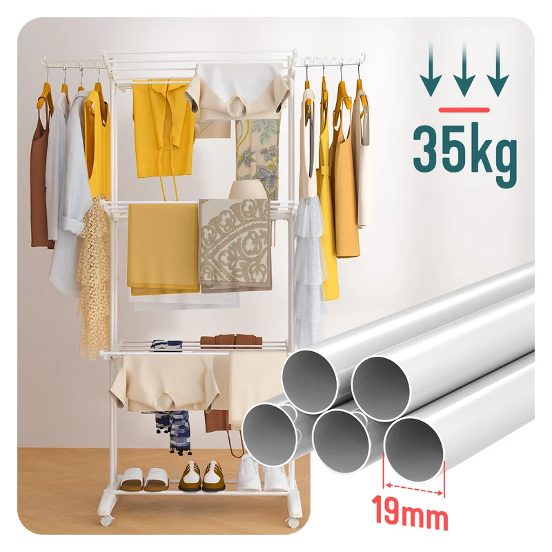 4 Ebenen Wäscheständer Turm mit Rollen 125x62x173 cm Weiß