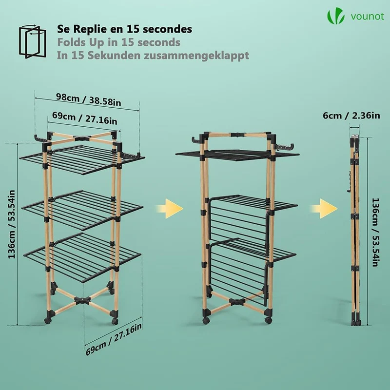 VOUNOT Tendedero de Pie de Torre 3 Niveles 69x136x69 cm, Negro