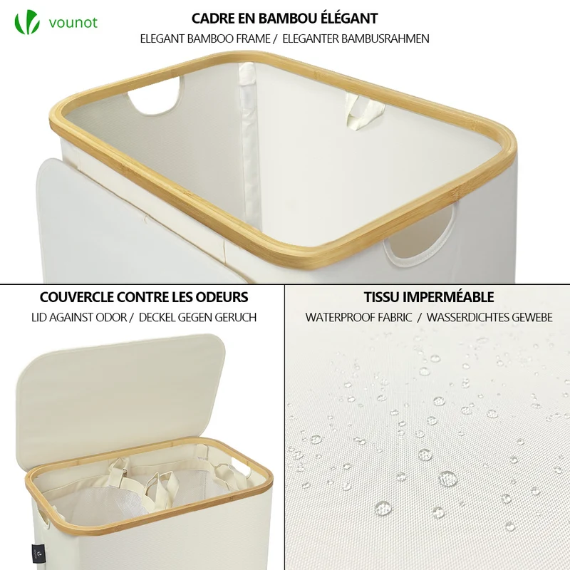 Wäschekorb mit Deckel & Wäschesäcke 145L, Faltbarer Wäschesammler 2 Fächer, Beige