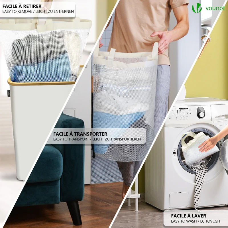 Wäschekorb mit Deckel & Wäschesäcke 145L, Faltbarer Wäschesammler 2 Fächer, Beige